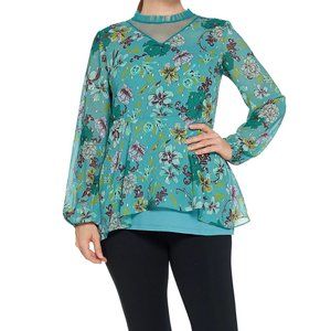 LOGO Blouse w/ Mesh Insert and Ruffle Neck in M